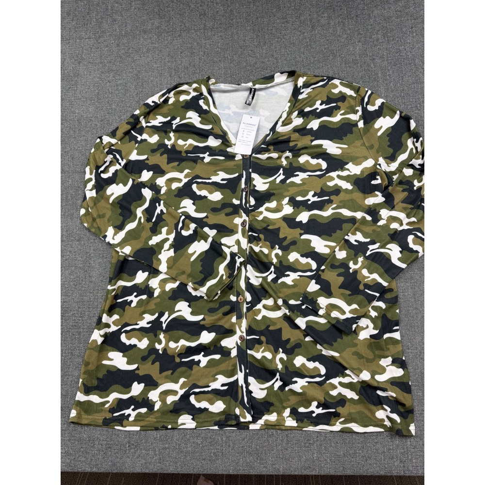 Allegrace Womens Camo Button Down Cardigan Top V-Neck Long Sleeve Green Size 22W